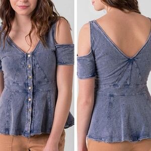 Free People Little House Cold Shoulder Peplum Top Acid Washed Blue Womens Medium